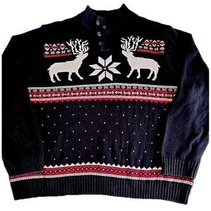 VTG Chaps Mens Sweater Sz XXL Nordic Fair Isle 1/4 Button Black Reindeer Grandpa